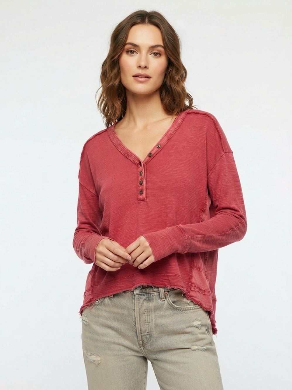 Pilcro for Anthropologie Thermal Henley Grid Panel V-Neck Cotton Red Size M